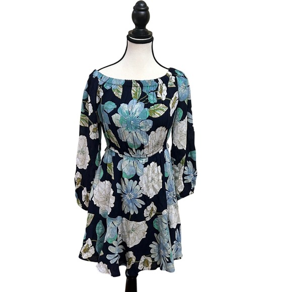 LOFT Dresses & Skirts - LOFT Navy Blue Floral Off The Shoulder Smocked Waist Mini Dress Size S